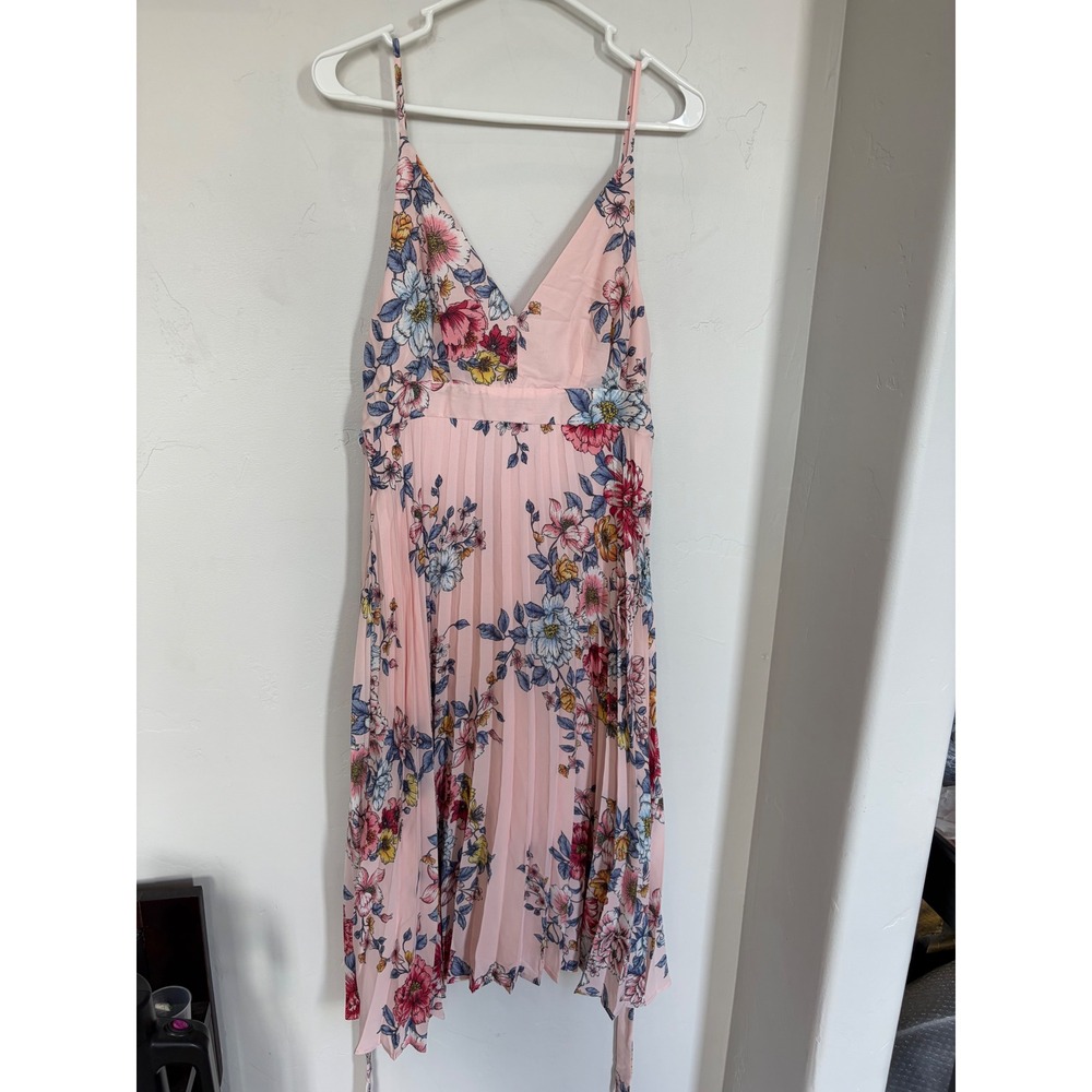 Thirty Thirty Pink Floral Pleated Midi Dress Womens XL V-Neck Tie Back‎ 6BRKY980